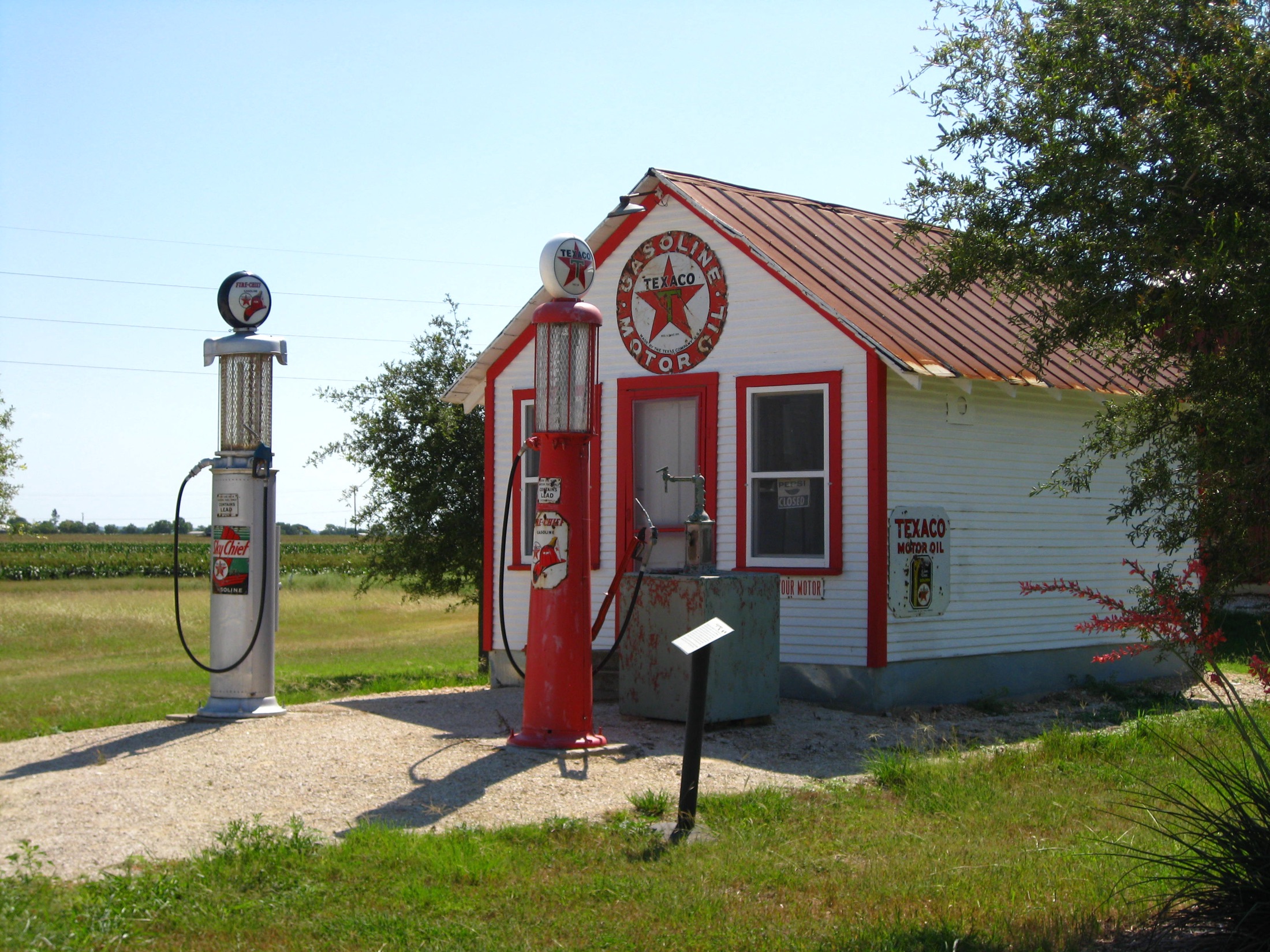 The vintage Texaco filling station with old gas pumps